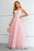 Pink A Line Lace Up Back Prom Dresses With 3D Flowers
