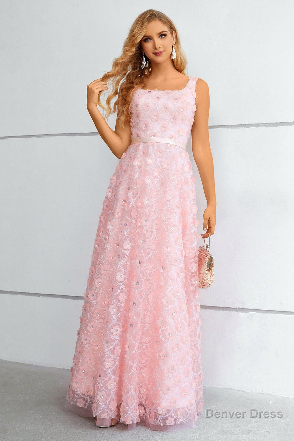 Pink A Line Lace Up Back Prom Dresses With 3D Flowers