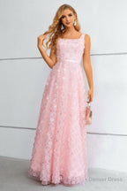 Pink A Line Lace Up Back Prom Dresses With 3D Flowers