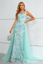 Green Square Neck Mermaid Sequined Prom Dress With Detachable Train