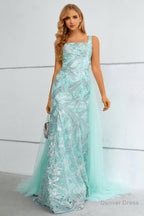 Green Square Neck Mermaid Sequined Prom Dresses With Detachable Train