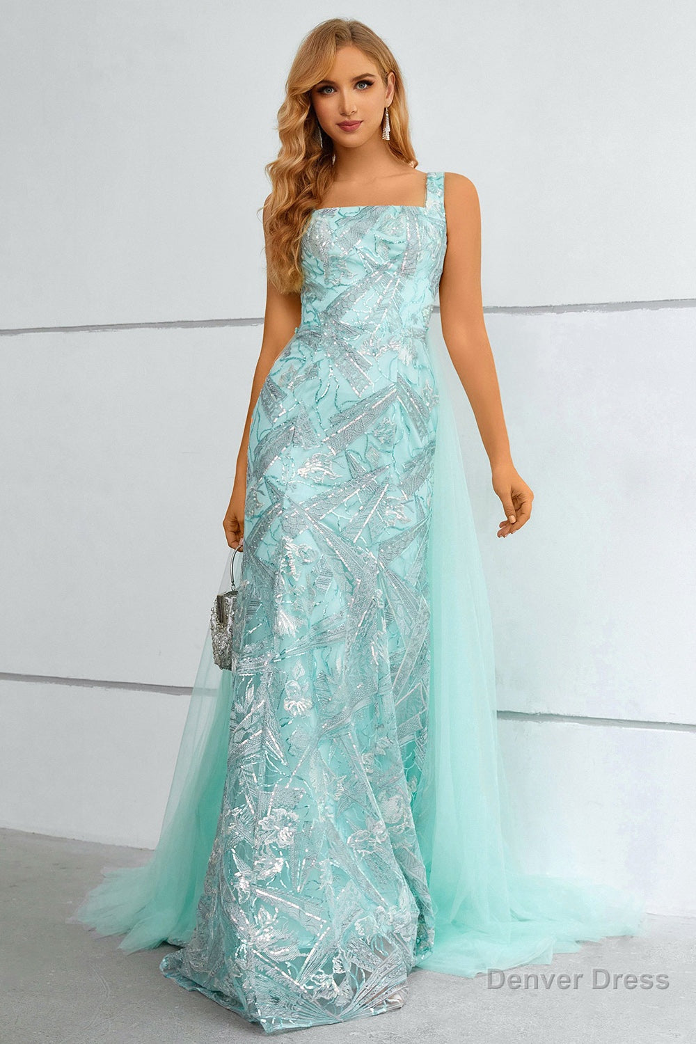 Green Square Neck Mermaid Sequined Prom Dresses With Detachable Train