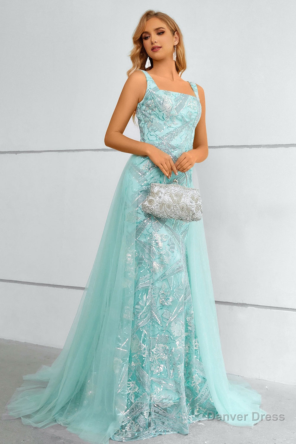 Green Square Neck Mermaid Sequined Prom Dresses With Detachable Train