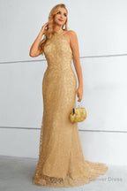 Yellow Halter Neck Mermaid Prom Dresses