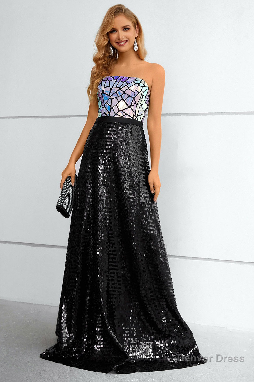 Black Sequined Strapless Prom Dresses