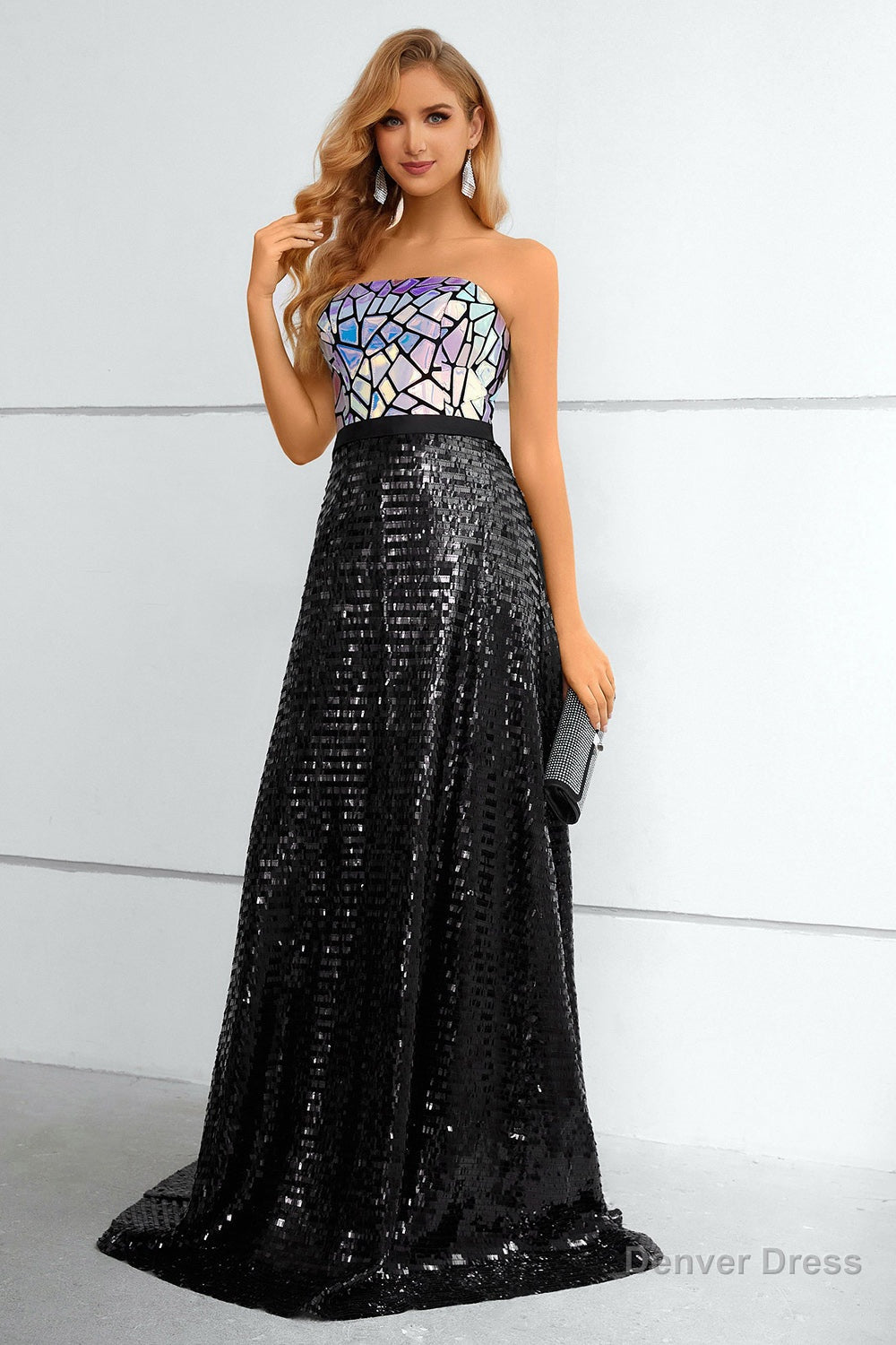 Black Sequined Strapless Prom Dresses