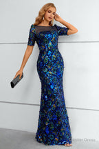 Royal Blue Sequined Short Sleeves Formal Dress