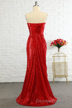 Sheath Sweetheart Red Sequins Prom Dresses with Sequins