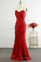 Sheath Sweetheart Red Sequins Prom Dresses with Sequins