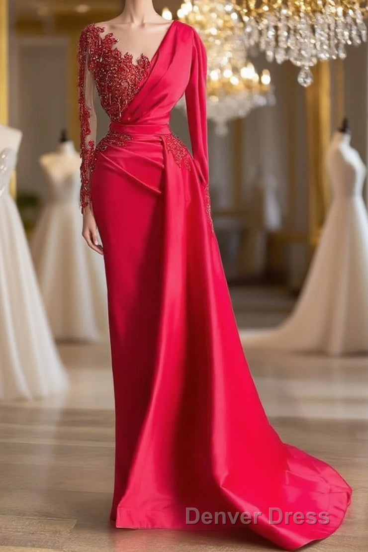 Gorgeous Red Long Sleeve Mermaid Evening Dresses Lace Appliques Prom Gown Ruffles Main image