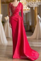 Gorgeous Red Long Sleeve Mermaid Evening Dresses Lace Appliques Prom Gown Ruffles