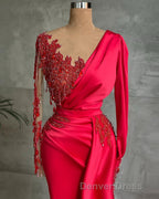 Gorgeous Red Long Sleeve Mermaid Evening Dresses Lace Appliques Prom Gown Ruffles