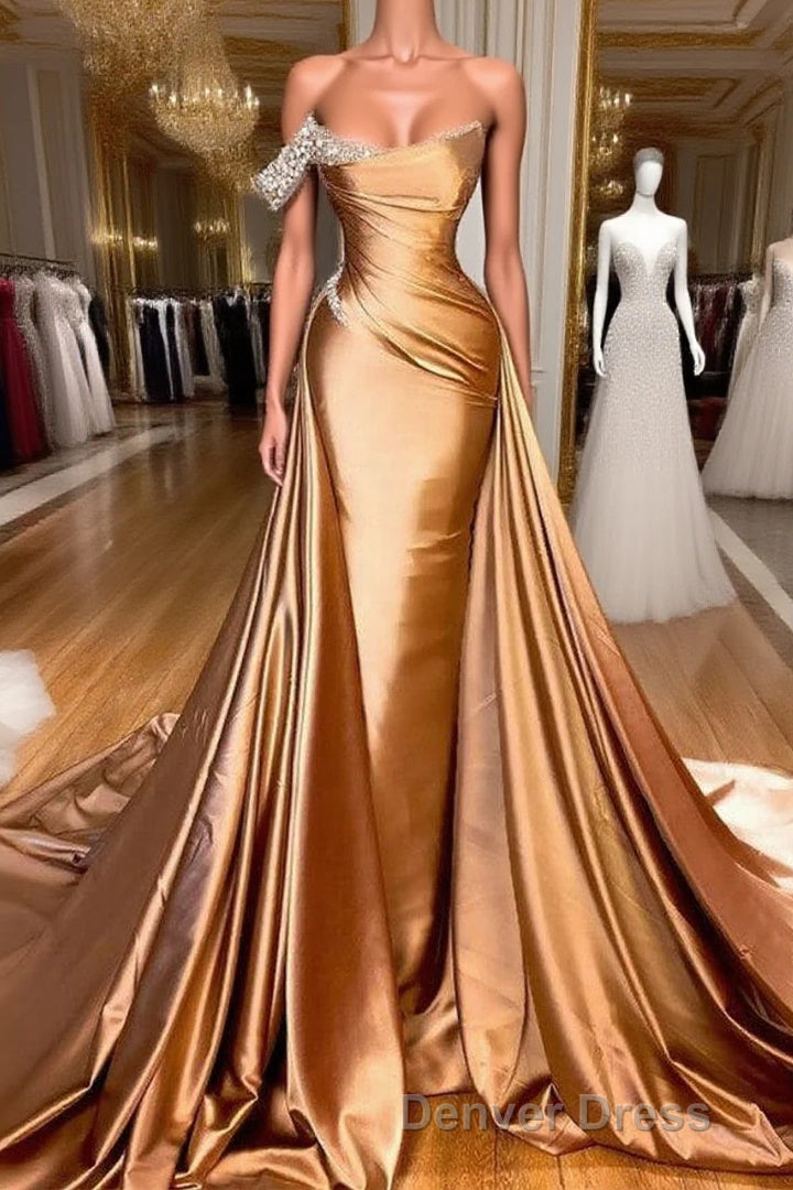 Chic One Shoulder Beaded Mermaid Prom Dresses With Court Train Main image