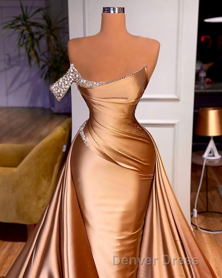 Chic One Shoulder Beaded Mermaid Prom Dresses With Court Train