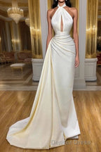 Ivory Halter Long Evening Prom Dresses With Split Detachable Train