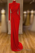 Glamorous High Neck Long Sleeve Red Prom Dresses Long With Split