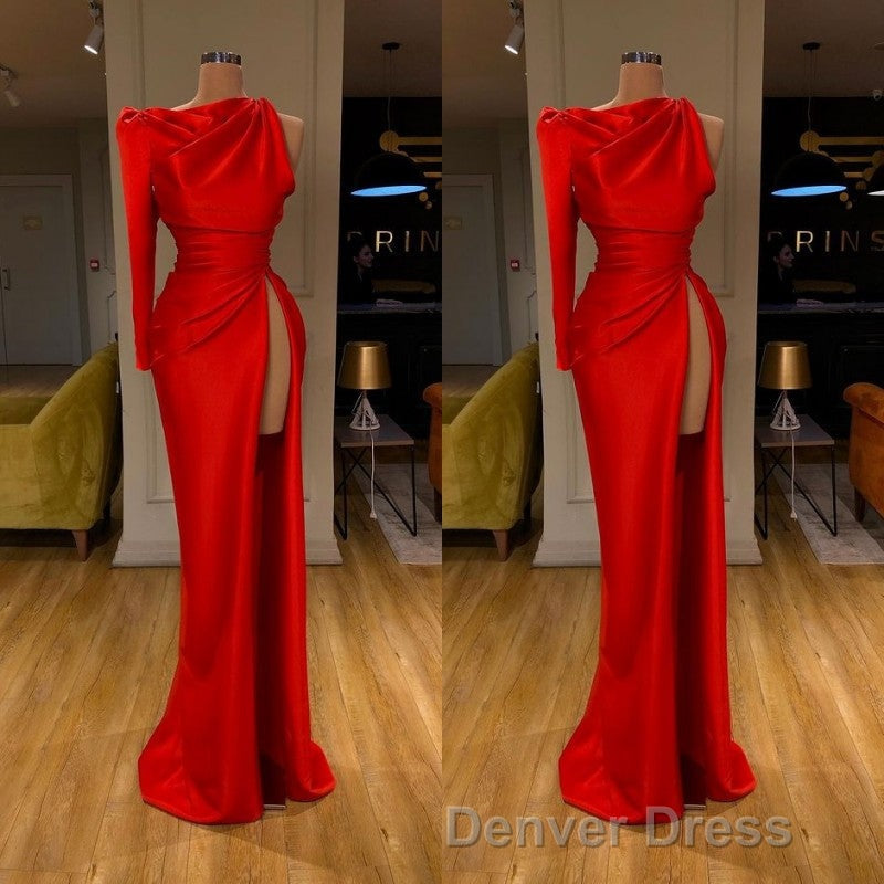 One Shoulder Long sleeves High split Soft pleated Red Prom Dresses