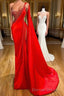 Unique Red Stones Sleeveless High split mermaid Prom Dresses