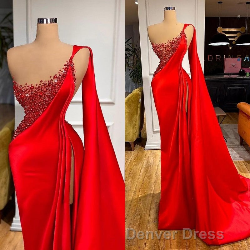 Unique Red Stones Sleeveless High split mermaid Prom Dresses