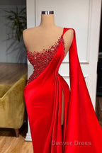 Unique Red Stones Sleeveless High split mermaid Prom Dresses