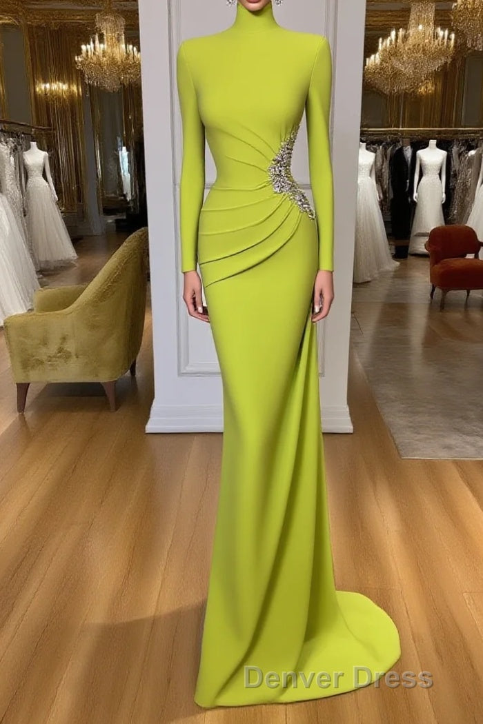 Ginger yellow High neck Long sleeves Metallic Beaded Mermaid Prom Dresses Main image