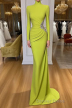 Ginger yellow High neck Long sleeves Metallic Beaded Mermaid Prom Dresses