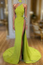 Unique Ginger yellow Triangle Neck Sexy high side cut Long Prom Dresses