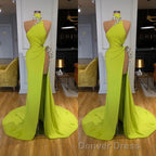 Unique Ginger yellow Triangle Neck Sexy high side cut Long Prom Dresses