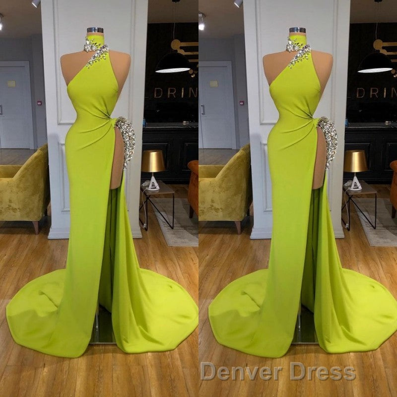 Unique Ginger yellow Triangle Neck Sexy high side cut Long Prom Dresses