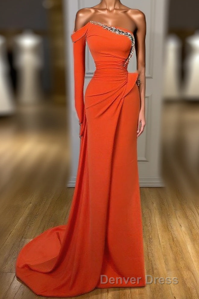 Long sleeves Strapless Orange Sequined Long Prom Dresses Main image