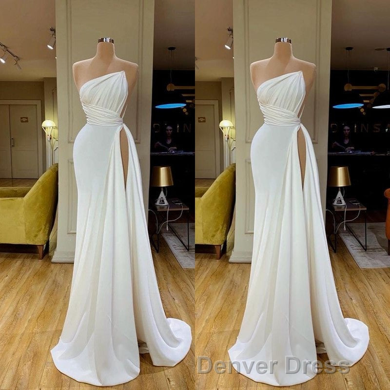 Strapless Creamy White High-split Pleated Long Prom Dresses Secondary image