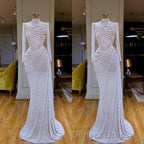Sparkle White Sequin Long sleeves Pleated Long Prom Dresses