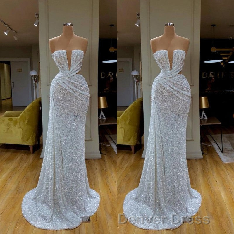Plunging V Neck Sparkle White Sequined Strapless Prom Dresses