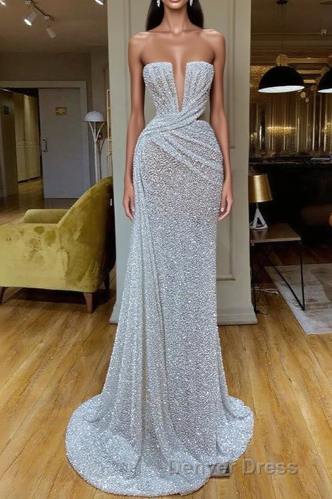 Plunging V Neck Sparkle White Sequined Strapless Prom Dresses