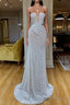 Plunging V Neck Sparkle White Sequined Strapless Prom Dresses