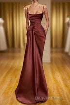 Burgundy Spaghetti-Straps Mermaid Ruffles Prom Dresses Long