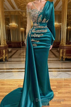 Glamorous Long Sleeve Mermaid Prom Dresses With Lace Appliques Prom Gown