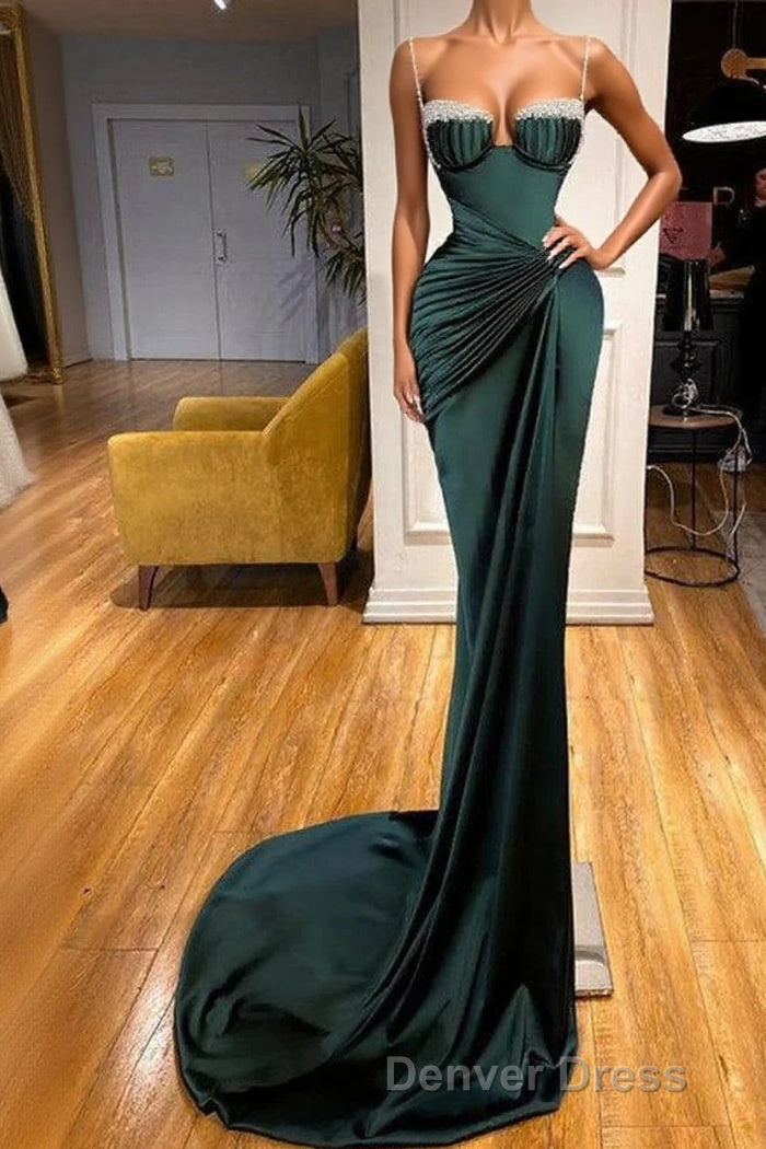 Gorgeous Dark Green Spaghetti Straps Mermaid Prom Dresses With Beadings