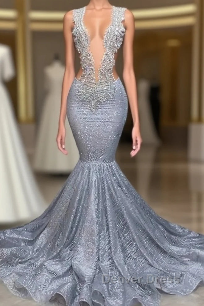 Silver Sequins Mermaid Prom Dresses Long With Beads