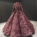 Glitter High Neck Open Back Lace Up Ball Gown Prom Dresses