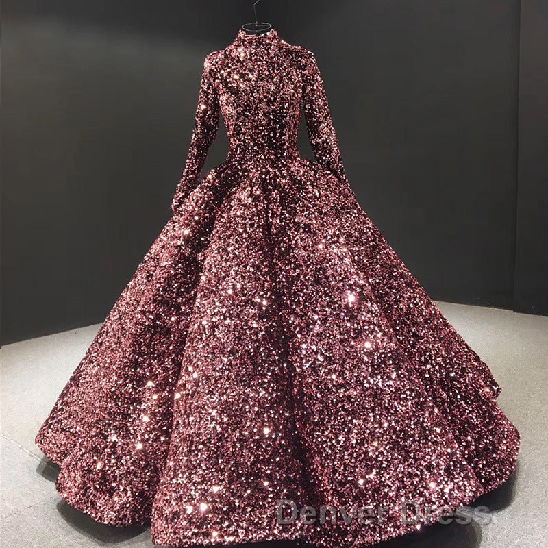 Glitter High Neck Open Back Lace Up Ball Gown Prom Dresses