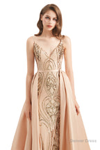 Mermaid Sequins Spaghetti Straps Prom Dresses With Detachable Train