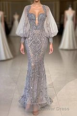 Charming Long Mermaid Sweetheart Tulle Lace Evening Dresses with Puffy Sleeves