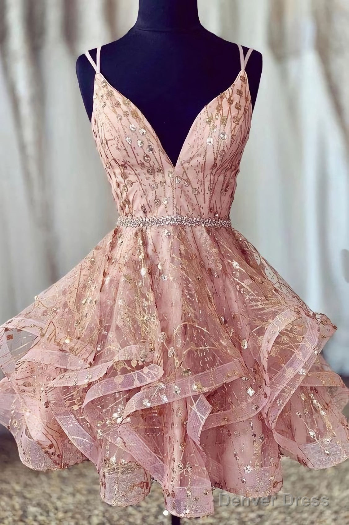 Cheap A Line Spaghetti Straps Lace Up V Neck Pink Homecoming Dresses, With Sequins Main image