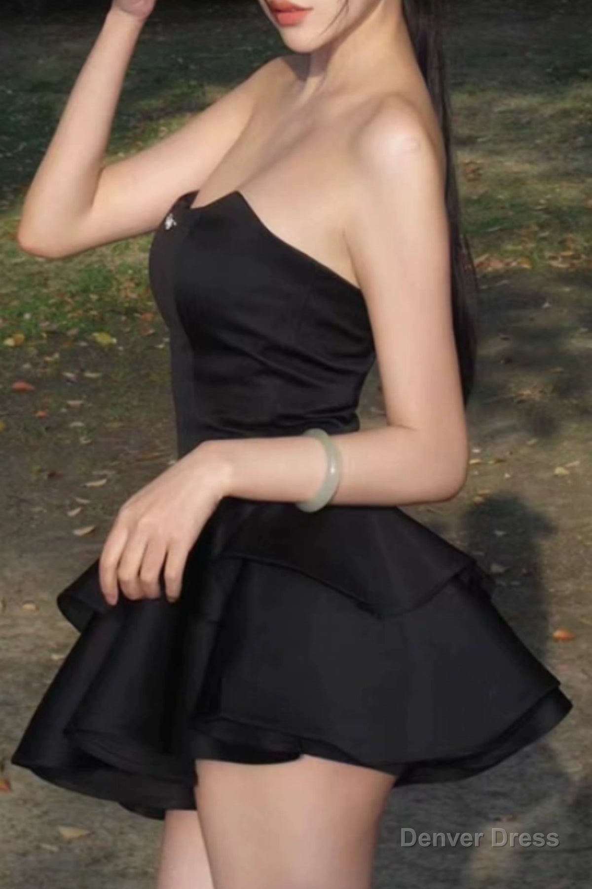 Chic Strapless Black Satin Short Prom Dress, Layered Black Homecoming Dress, Short Black Prom Graduation Prom Dressese