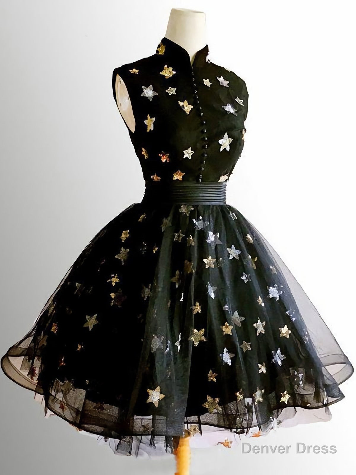 Chic A Line High Neck Black Straps Short Prom Dress, Cute Homecoming Dresses