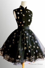 Chic A Line High Neck Black Straps Short Prom Dress, Cute Homecoming Dresses