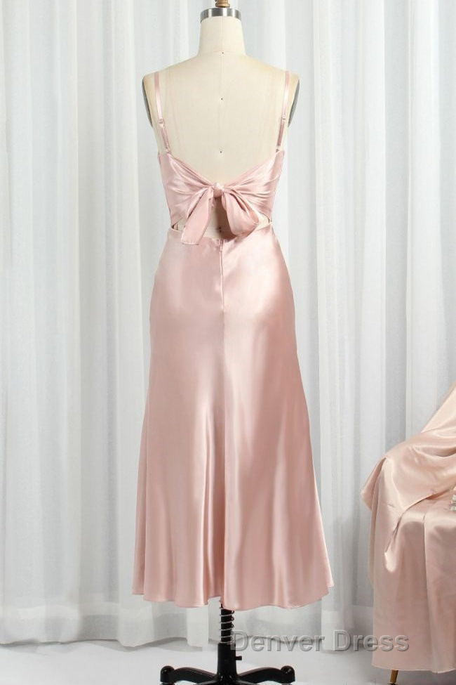 Classic Pink Spaghetti Straps Midi Party Dressess Secondary image