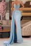 Column Slit Front Long Sweetheart Strapless Sleeveless Sky Blue Ruffle Stain Evening Dresses with Beadings
