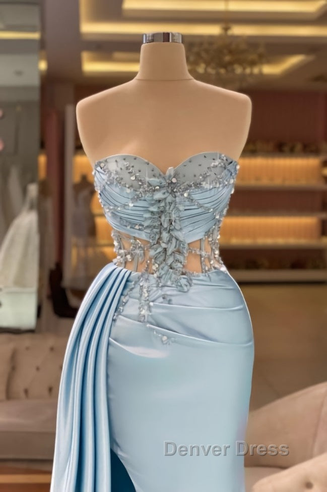 Column Slit Front Long Sweetheart Strapless Sleeveless Sky Blue Ruffle Stain Prom Dresses with Beadings